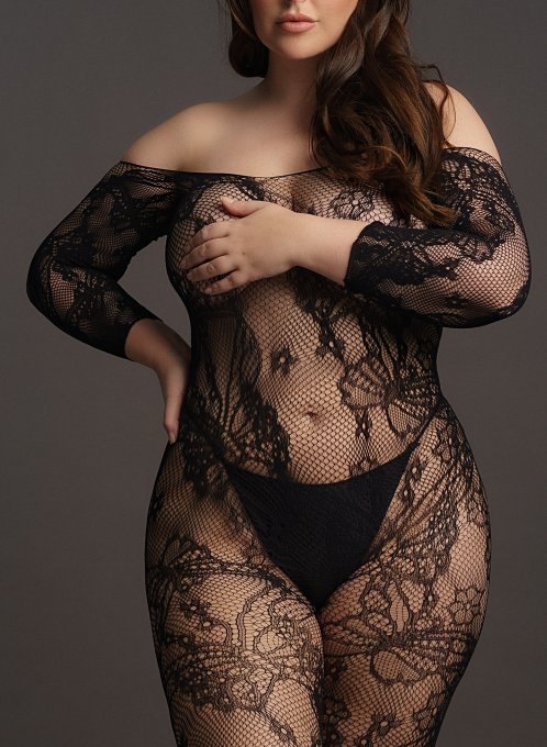 Combinaison ouverte Grande Taille LACE SLEEVED - Noir