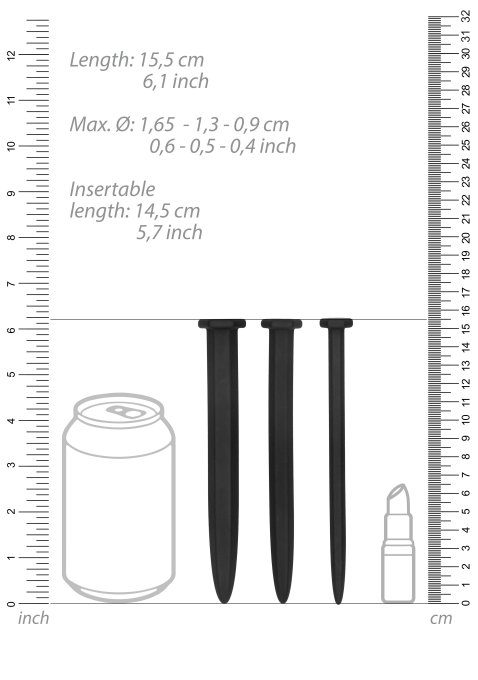 Pack de 3 Tiges pour urètre Rugged 14.5cm - Diamètres de 9 à 16mm