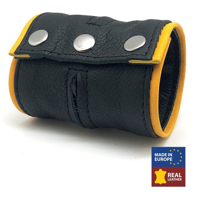 Poignet bracelet de force en cuir - Noir/Jaune-  avec zip