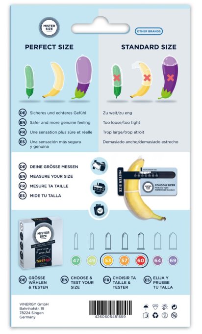 Préservatifs + Mesureur Mister Size Échantillon 3 tailles 53, 57 et 60mm